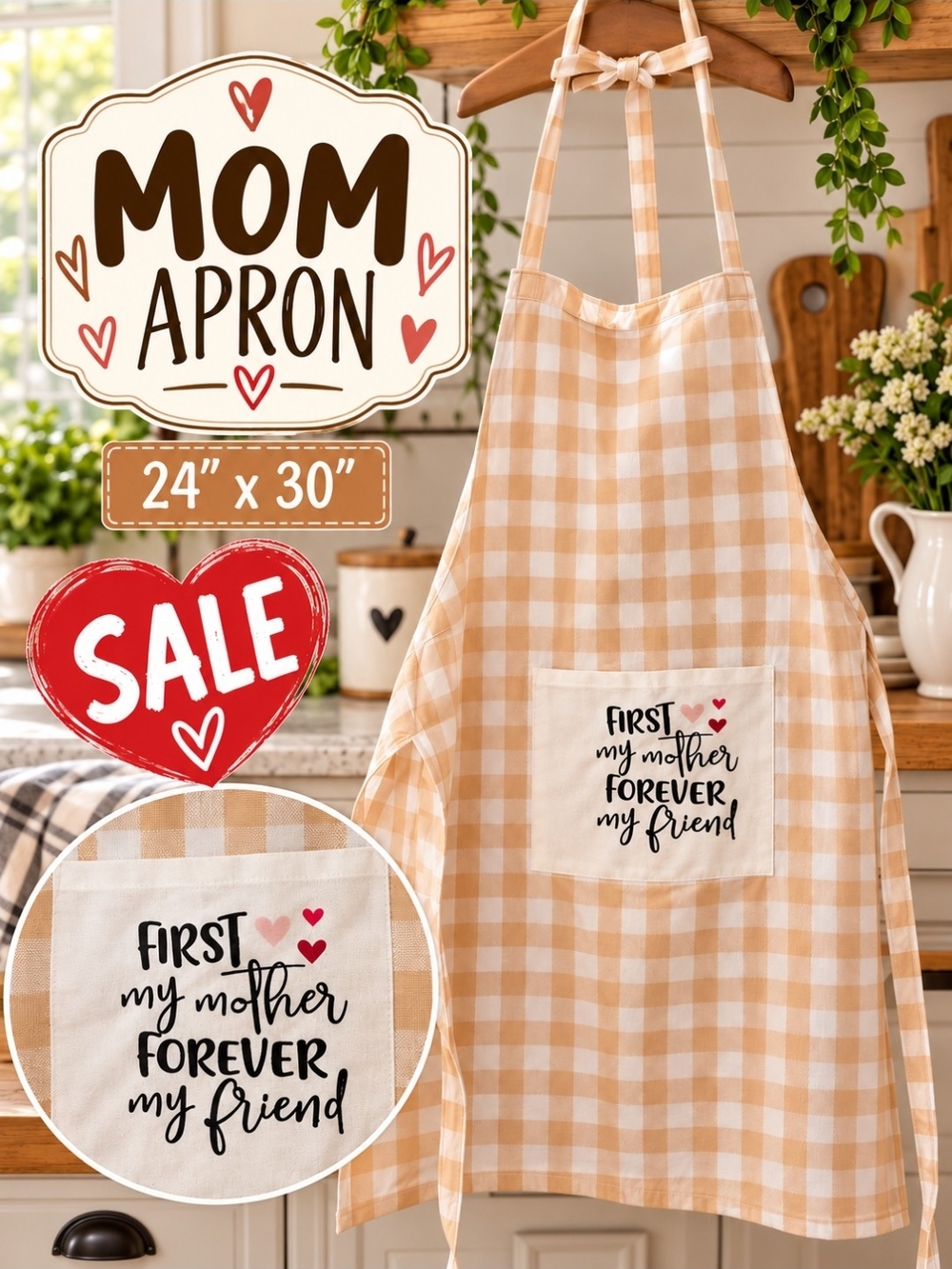 Mom Apron - Beige Gingham "First My Mother Forever My Friend" Pocket Apron